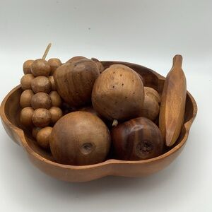 Vintage Wood Bowl with Ten Pieces of Wood Fruit